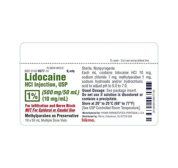 Hikma Pharmaceuticals 00143-9577-10 Lidocaine Hydrochloride Injection, 1%, Multi-Dose Vial, 10 x 50 mL - MDL-0143-9577-10 - 10 Each
