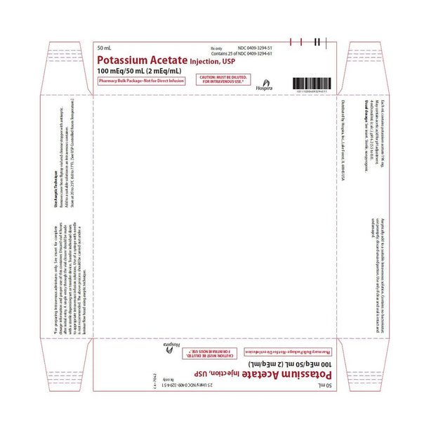 Pfizer Consumr Hlthcr Potassium Acetate Injection, Pharmacy Bulk Vial, 2 MEQ / mL, 25 x 50 mL - 00409-3294-51 - 25 Each