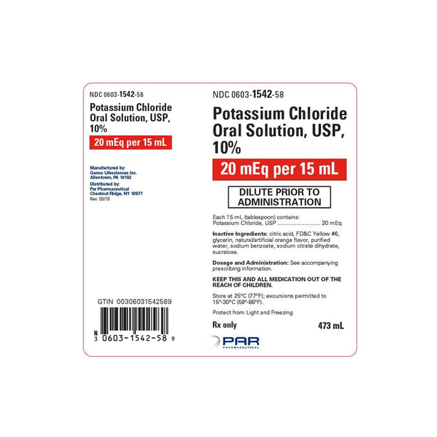 Par Pharmaceutical Companies, Inc Potassium Chloride Oral 00603-1542-58 -