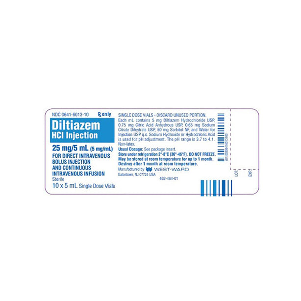 Hikma Pharmaceuticals HCL 00641-6013-10 Diltiazem Hydrochloride Injection, 5 mg / mL, 10 x 5 mL Single-Dose Vial - MDL-0641-6013-10 - 10 Each