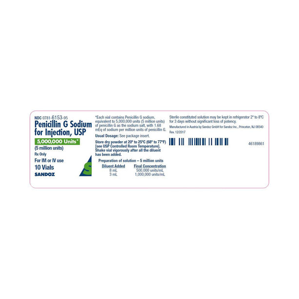 Sandoz Penicillin G Sodium Injection 00781-6153-95 - 10.0 Each