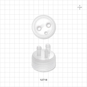 PharmaTainer™ Cap, 3-Ports - 48 mm; 2 External Ports Fit 1/4 inch ID Tubing x 2 Internal Ports Fit 1/4 inch ID Tubing (0.25 inch, 6.35 mm); 1 External Port Fits 3/16 inch ID Tubing (0.188 inch, 4.76 mm) - 12718