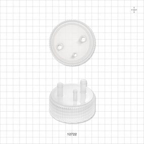 PharmaTainer™ Cap, 3-Ports - 70 mm; 2 External Ports Fit 1/4 inch ID Tubing x 2 Internal Ports Fit 1/4 inch ID Tubing (0.25 inch, 6.35 mm); 1 External Port Fits 3/16 inch ID Tubing (0.188 inch, 4.76 mm) - 12722