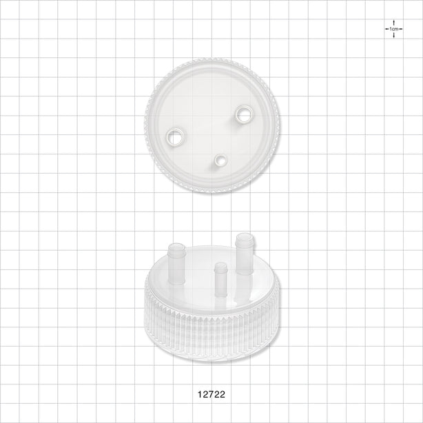 PharmaTainer™ Cap, 3-Ports - 70 mm; 2 External Ports Fit 1/4 inch ID Tubing x 2 Internal Ports Fit 1/4 inch ID Tubing (0.25 inch, 6.35 mm); 1 External Port Fits 3/16 inch ID Tubing (0.188 inch, 4.76 mm) - 12722