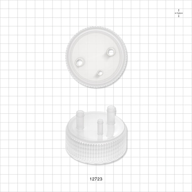 PharmaTainer™ Cap, 3-Ports - 70 mm; 2 External Ports Fit 1/4 inch ID Tubing x 2 Internal Ports Fit 1/4 inch ID Tubing (0.25 inch, 6.35 mm); 1 External Port Fits 3/16 inch ID Tubing x 1 Internal Port Fits 3/16 inch ID Tubing (0.188 inch, 4.76 mm) - 12723