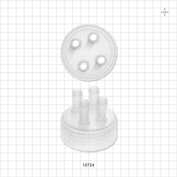 PharmaTainer™ Cap, 4-Ports - 70 mm; 4 External Ports Fit 3/8 inch ID Tubing x 4 Internal Ports Fit 3/8 inch ID Tubing (0.375 inch, 9.53 mm) - 12724