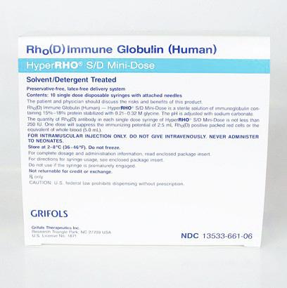 Grifols Therapeutics Injection Hyperrho S / D Mini Dose 250Iu Prefilled Syringe, 10 per Box - 13533-0661-06 - 1 Box