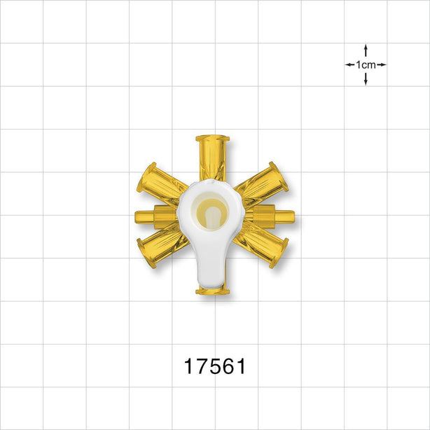 RondelO™ 6-Way Stopcock Manifold with 6 Female Luer Locks, Tubing Ports, Yellow - Fits 0.118 ID x 0.161 inch OD Tubing (3 mm x 4.1 mm); 29 PSI - 17561