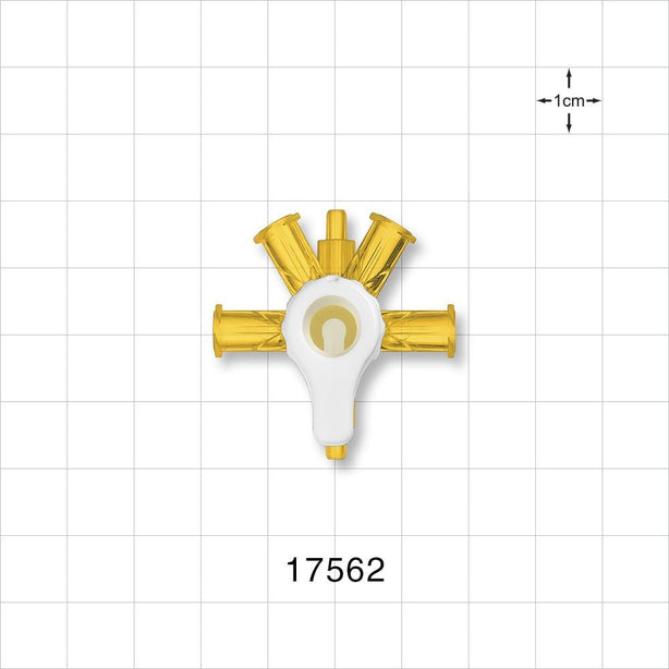 RondelO™ 4-Way Stopcock Manifold with 4 Female Luer Locks, Tubing Ports, Yellow - Fits 0.118 ID x 0.161 inch OD Tubing (3 mm x 4.1 mm); 29 PSI - 17562
