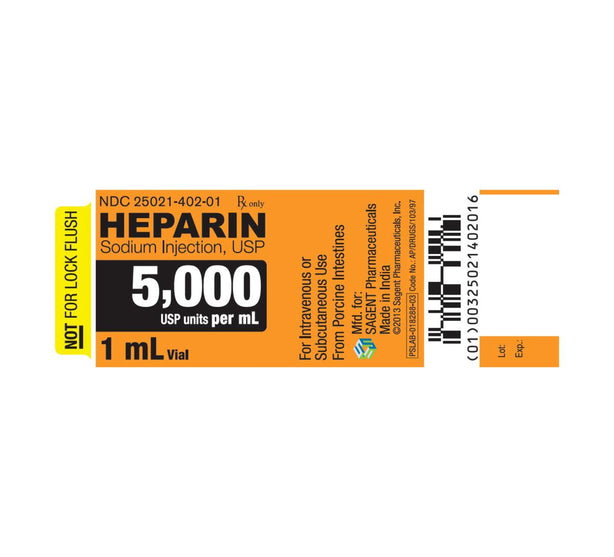 Sagent Pharmaceuticals 25021-0402-10 Heparin Sodium Injection, 5,000 Units / mL, Multi-Dose Vial, 25 x 10 mL - MDL-25021-402-10 - 25 Each