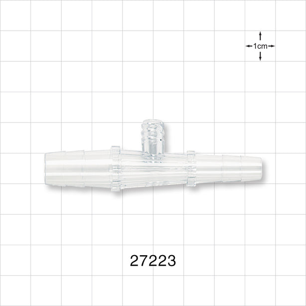 Straight Connector, Reducer, Barbed, Female Luer Lock Side Port, Clear - Fits 3/8 inch x 1/4 inch ID Tubing (0.375 inch x 0.25 inch, 9.53 mm x 6.35 mm) - 27223