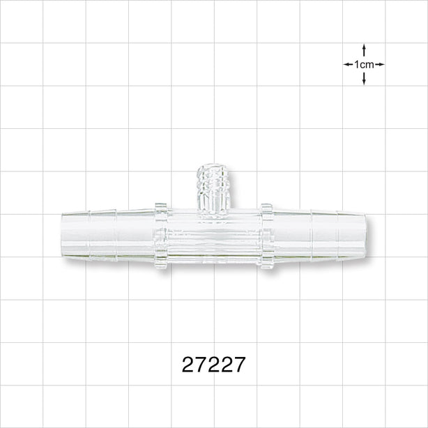 Straight Connector, Barbed, Female Luer Lock Side Port, Clear - Fits 3/8 inch ID Tubing (0.375 inch, 9.53 mm) - 27227