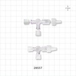 3-Way Stopcock, 2 FLL, Swivel MLL with Vented Female Push-On Cap and 2 Non-Vented MLL Caps - 116 psi - 28557