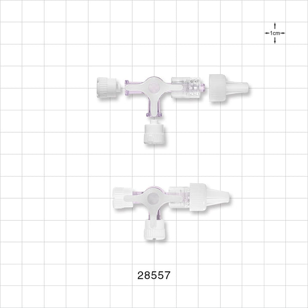 3-Way Stopcock, 2 FLL, Swivel MLL with Vented Female Push-On Cap and 2 Non-Vented MLL Caps - 116 psi - 28557