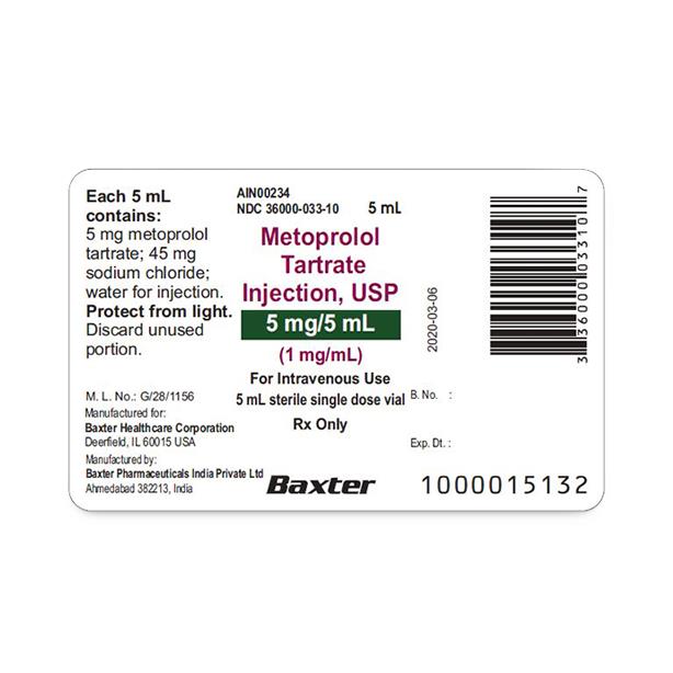 Baxter Healthcare Metoprolol Tartrate Injection 36000-0033-10 - 10.0 Each - MDL-36000-033-10