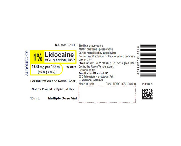 Auromedics Lidocaine Hydrochloride Injection 55150-0251-10 - 25.0 Each - MDL-55150-251-10