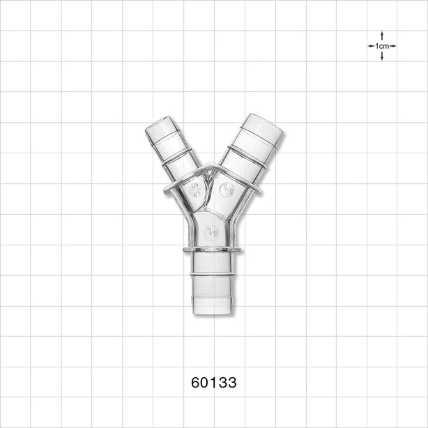 Y Connector, Reducer, Barbed, Clear - Fits 3/8 inch ID Tubing (0.375 inch, 9.53 mm); Fits 1/2 inch ID Tubing (0.5 inch, 12.7 mm) - 60133