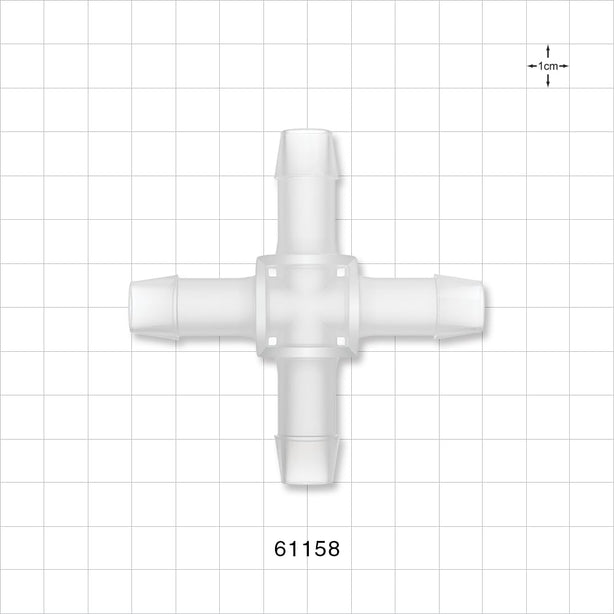 Cross Connector, Barbed - Fits 1/2 inch ID Tubing (0.5 inch, 12.7 mm) - 61158
