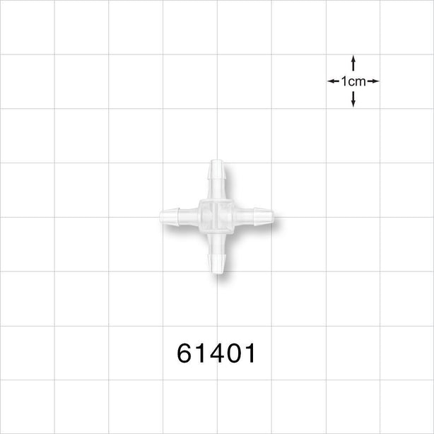 Cross Connector, Barbed - Fits 3/32 inch ID Tubing (0.094 inch, 2.38 mm) - 61401