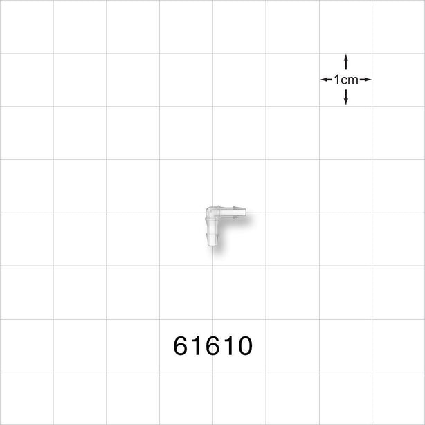 Elbow Connector, Barbed, Natural - Fits 1/16 inch ID Tubing (0.063 inch, 1.59 mm) - 61610