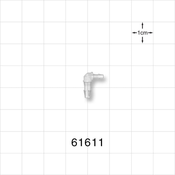 Elbow Connector, Barbed, Natural - Fits 3/32 inch x 1/16 inch ID Tubing (0.094 inch x 0.063 inch, 2.38 mm x 1.59 mm) - 61611