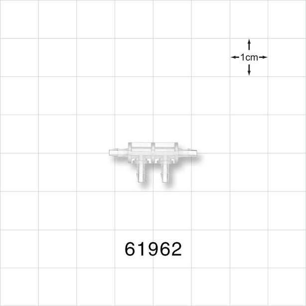 4-port Thru Flow Double Elbow Style Manifold, Barbed, Natural - Fits 1/16 inch ID Tubing (0.063 inch, 1.59 mm) - 61962