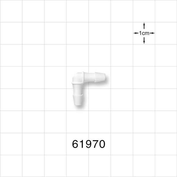 Elbow Connector, Barbed, White - Fits 1/8 inch ID Tubing (0.125 inch, 3.18 mm) - 61970