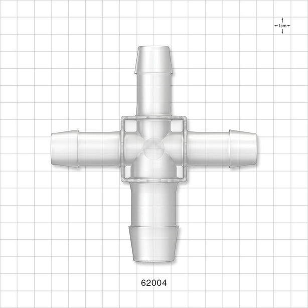 Cross Connector, Barbed - Fits 1 inch ID x 3/4 inch ID x 3/4 inch ID x 3/4 inch ID Tubing (1 inch x 0.75 inch x 0.75 inch x 0.75 inch, 25.4 mm x 19 mm x 19 mm x 19 mm) - 62004