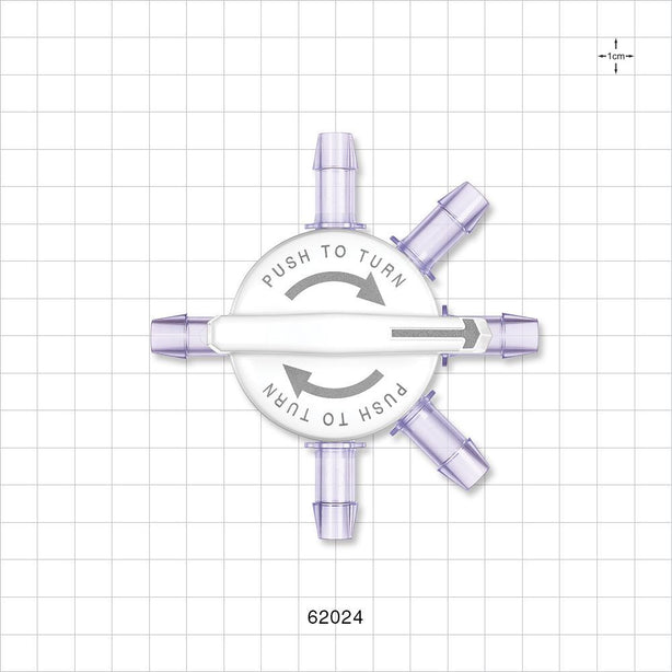 CYLINDRAFlow™ Manifold, 6 Ports, Barbed - Fits 3/8 inch ID Tubing (0.375 inch, 9.53 mm); 15 psi - 62024