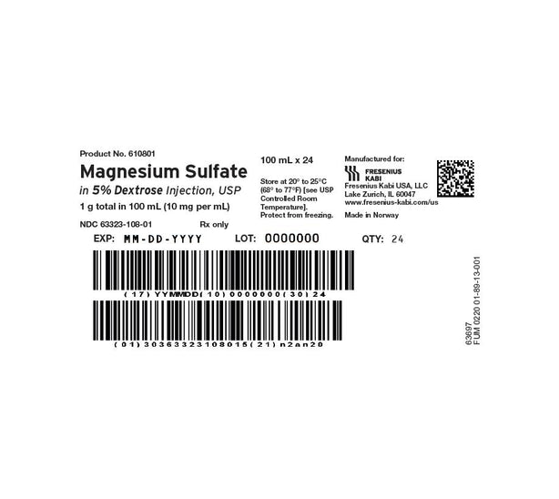 Fresenius Kabi in 63323-0108-01 Magnesium Sulfate 10 mg / mL + Dextrose 5% Flexible Container, 24 x 100 mL - MDL-63323-108-01 - 24 Each