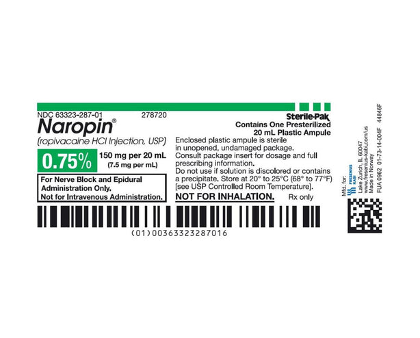 Fresenius Kabi Injection 63323-0287-20 Naropin, 7.5 mg / mL Ampoule, 5 x 20 mL - MDL-63323-287-20 - 5 Each