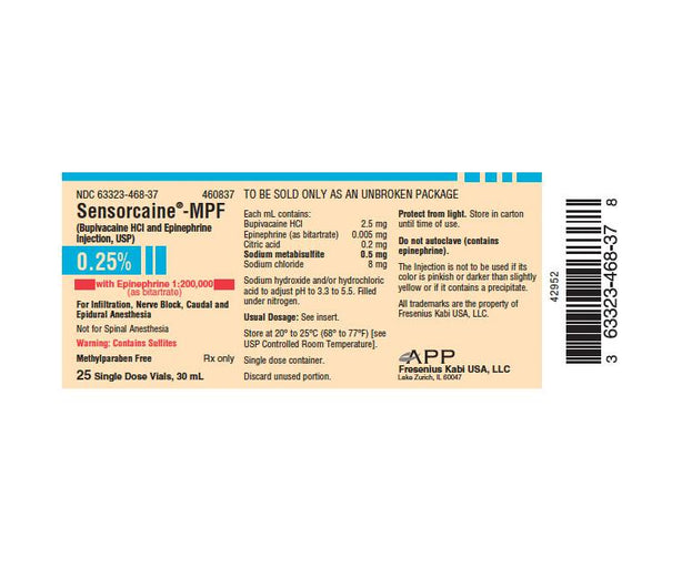 Fresenius Kabi 63323-0468-37 Sensorcaine-MPF 0.25% + Epinephrine Injection, 200k, Single-Dose Vial, 25 x 30 mL - MDL-63323-468-37 - 25 Each