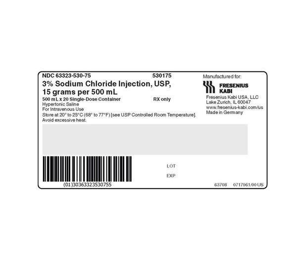Fresenius Kabi 63323-0530-75 Sodium Chloride Injection, 3% FC, 20 x 500 mL - MDL-63323-530-75 - 20 Each
