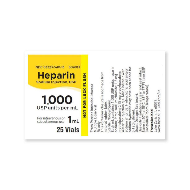 Fresenius Kabi 63323-0540-13 Heparin Sodium Injection, 1,000 Units / mL, Multi-Dose Vial, 25 x 1 mL - MDL-63323-540-13 - 25 Each