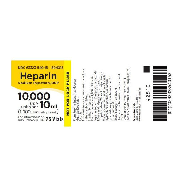 Fresenius Kabi 63323-0540-15 Heparin Sodium Injection, 1,000 Units / mL, Multi-Dose Vial, 25 x 10 mL - MDL-63323-540-15 - 25 Each
