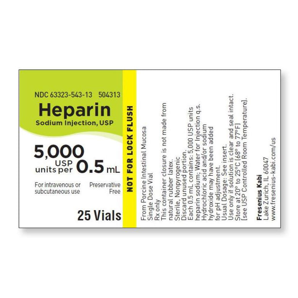 Fresenius Kabi 63323-0543-13 Heparin Sodium Injection, 5,000 Units / mL, Prefilled Single-Dose Vial, 25 x 0.5 mL - MDL-63323-543-13 - 25 Each