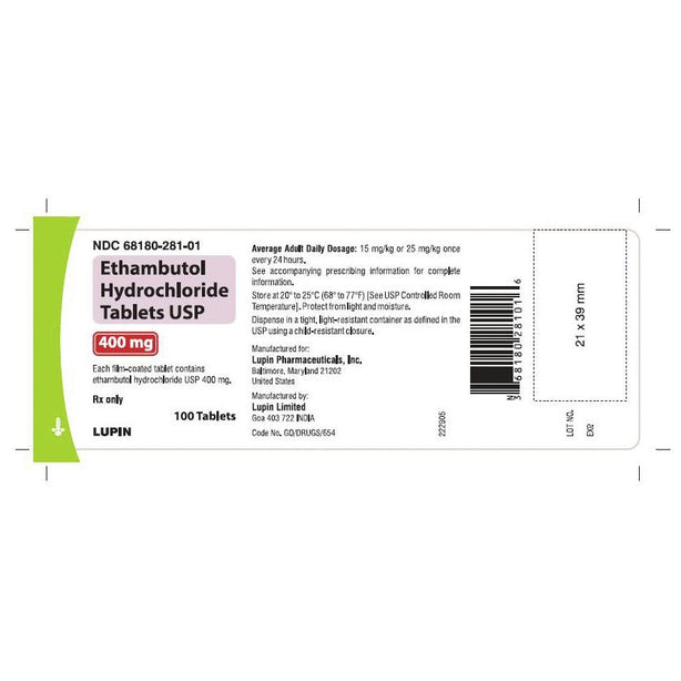 Lupin Pharmaceuticals Inc Ethambutol Hydrochloride Oral 68180-0281-01 -