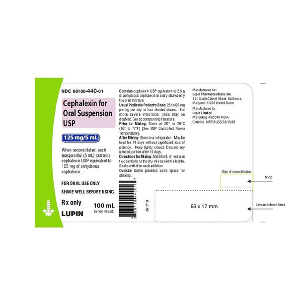 Lupin Pharmaceuticals 68180-0440-01 - Cephalexin 125mg/5mL Oral Suspension 100mL - MDL-68180-440-01