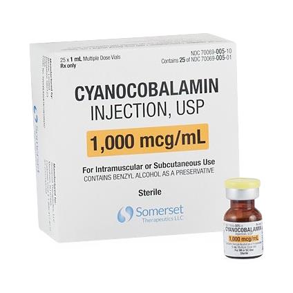 Somerset Therapeutics American Regent Vibisone Cyanocobalamin Injection (Vit B-12), 1, 000mcg / mL, 1mL Amber Vial, 1mL x 25 - 70069-0005-10 - 25 Each