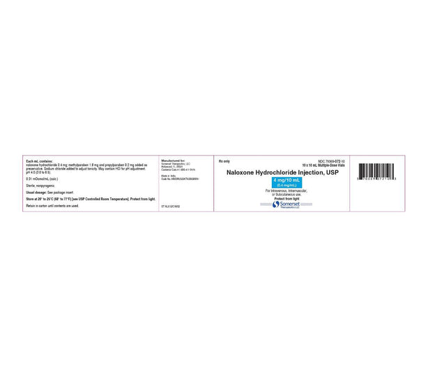 Somerset Therapeutics Narcan Naloxone Hydrochloride Injection USP, 0.4mg / mL, 10mL Clear Vial, 10mL x 10 - 70069-0072-10 - 10 Each