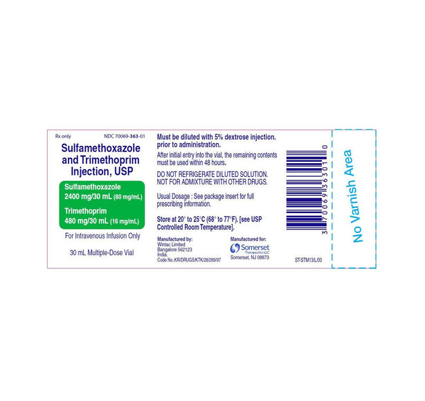 Somerset Therapeutics + Trimethoprim Bactrim Sulfamethoxazole & Trimethorpim Injection, 80mg / mL & 16mg / mL, 30mL Amber Vial, 30mL x 1 - 70069-0363-01 - 1 Each