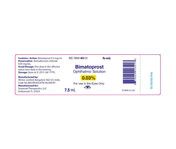 Somerset Therapeutics Latisse Lumigan Bimatoprost Ophthalmic Solution, 0.03%, 7.5mL White LDPE bottle, 7.5mL x 1 - 70069-0403-01 - 1 Each