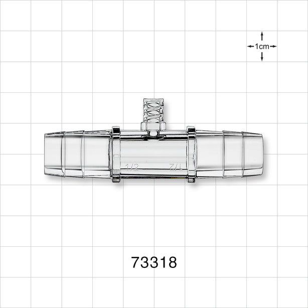 Straight Connector, Barbed, Female Luer Lock Side Port, Clear - Female Luer Lock Top Port; Sideports Fit 1/2 inch ID Tubing (0.5 inch, 12.7 mm) - 73318