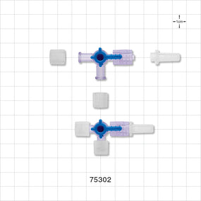 3-Way Stopcock, Female Luer Lock, Male Luer Slip with Spin Lock, Vented and Non-Vented Caps - 29 psi - 75302