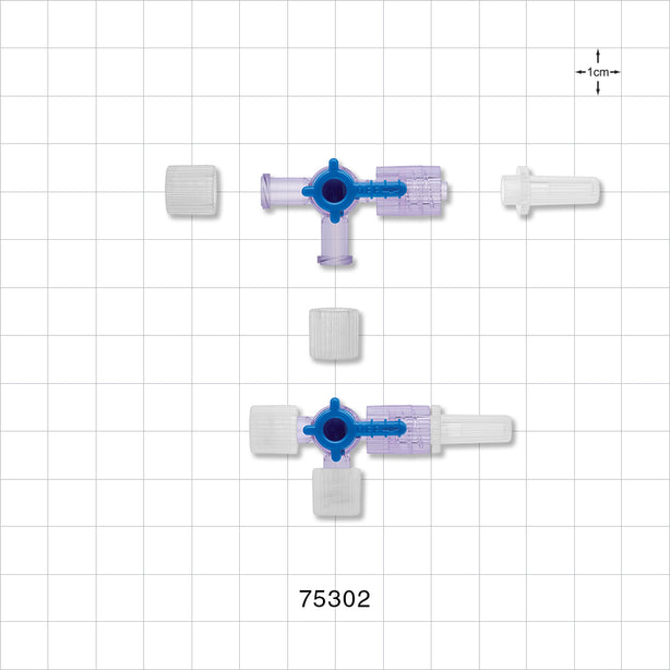 3-Way Stopcock, Female Luer Lock, Male Luer Slip with Spin Lock, Vented and Non-Vented Caps - 29 psi - 75302
