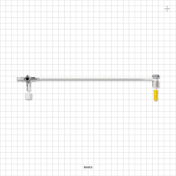 Extension Line, Hemostasis Valve with Male Luer Lock & Female Cap to 3-Way Stopcock & Male Luer Cap - 0 FR - 8 FR (0 inch - 0.105 inch, 0 mm - 2.7 mm); 10 inch Length (254 mm) - 80453