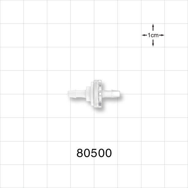 Check Valve, White Inlet, Clear Outlet, Barbed - Fits 3/32 inch ID Tubing (0.093 inch, 2.38 mm); 0.087 psi CP - 80500