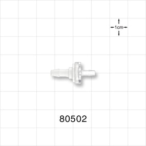 Check Valve, White Inlet, Clear Outlet, Barbed - Fits 1/8 inch ID x 3/32 inch ID Tubing (0.125 inch x 0.093 inch, 3.2 mm x 2.38 mm); 0.087 psi CP - 80502
