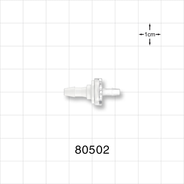 Check Valve, White Inlet, Clear Outlet, Barbed - Fits 1/8 inch ID x 3/32 inch ID Tubing (0.125 inch x 0.093 inch, 3.2 mm x 2.38 mm); 0.087 psi CP - 80502