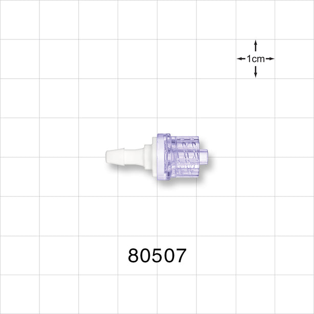 Check Valve, Barbed Inlet, Male Luer Lock Outlet - Fits 1/8 inch ID Tubing (0.125 inch, 3.18 mm); 0.087 psi CP - 80507
